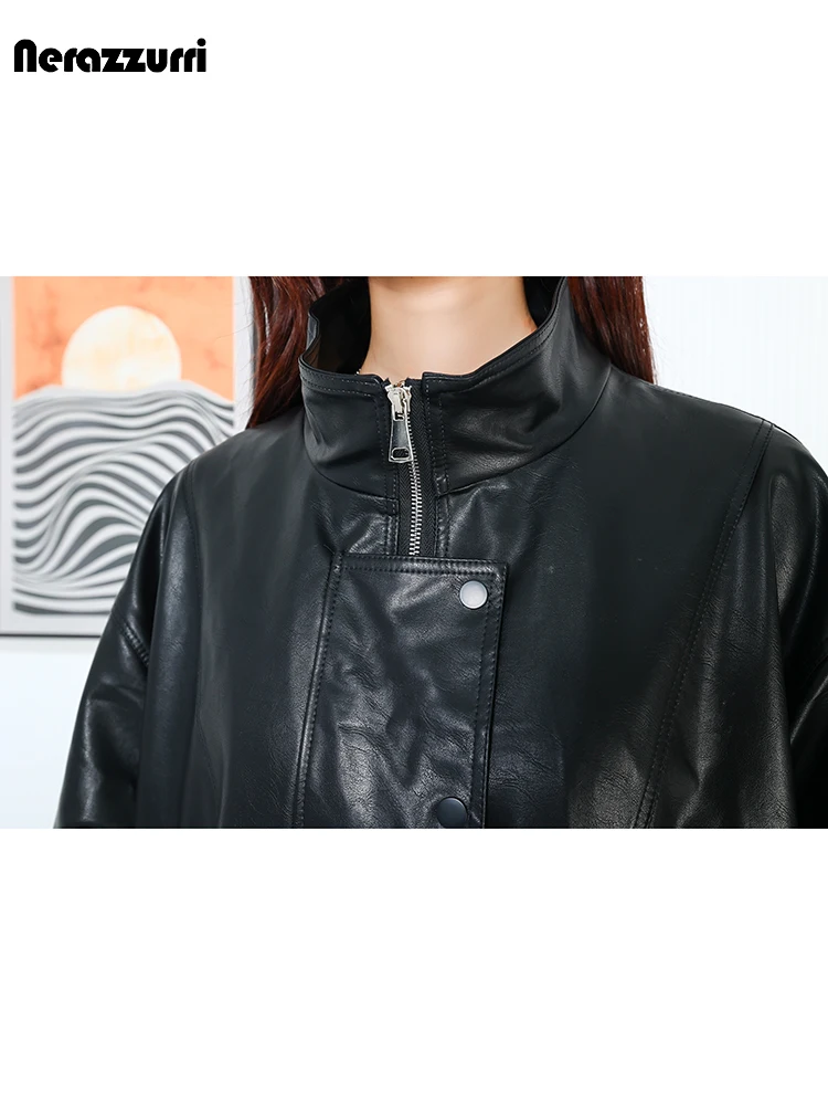 Nerazzurri Spring Autumn Cool Waterproof Brown Black Soft Pu Leather Jacket Women Zip Up Loose Casual High Quality Clothes 2023