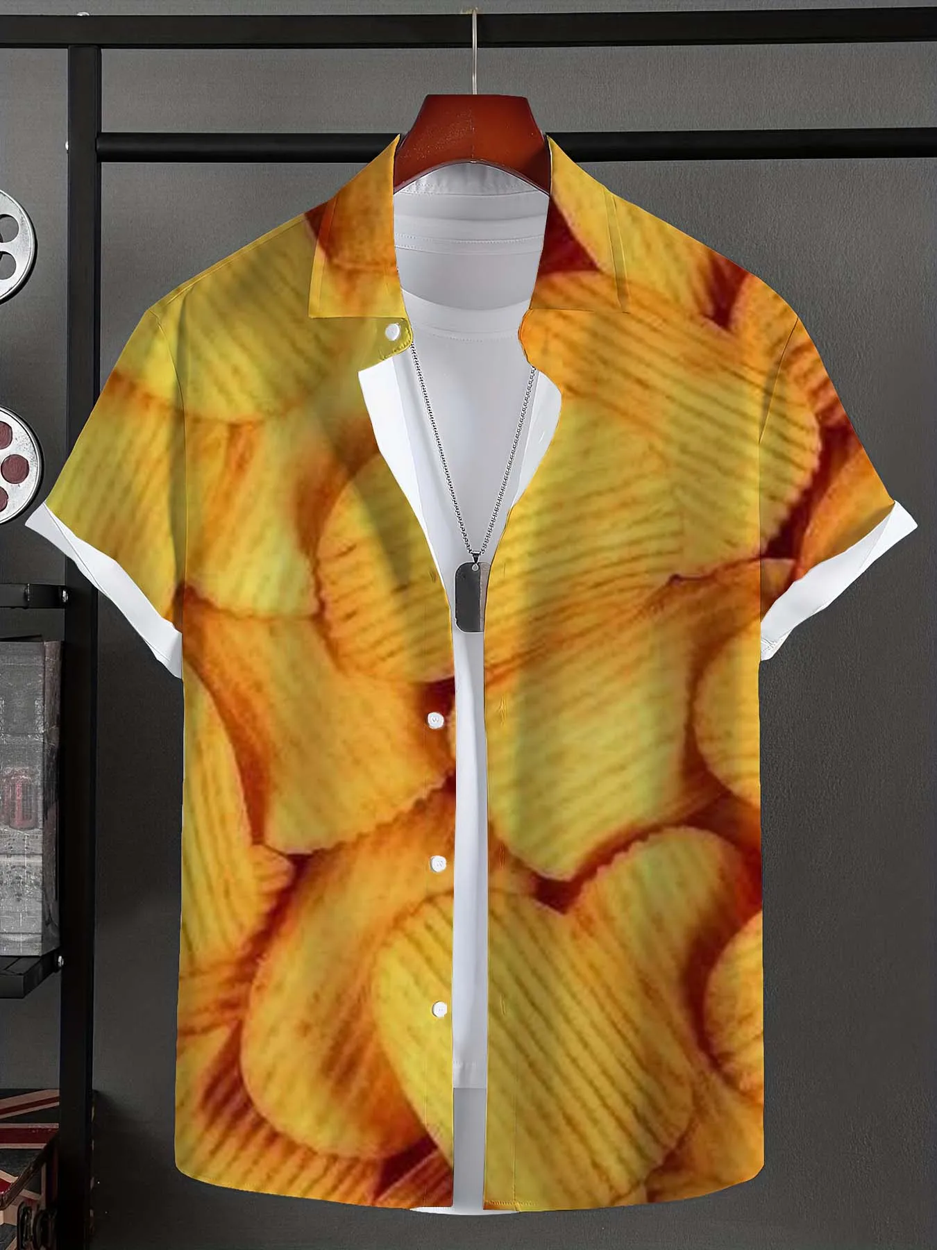 Hawaiian Shirt For Men Funny Snack pattern 3D Printed Short Sleeve Shirts Summer French fries Tops Oversized Men Clothing