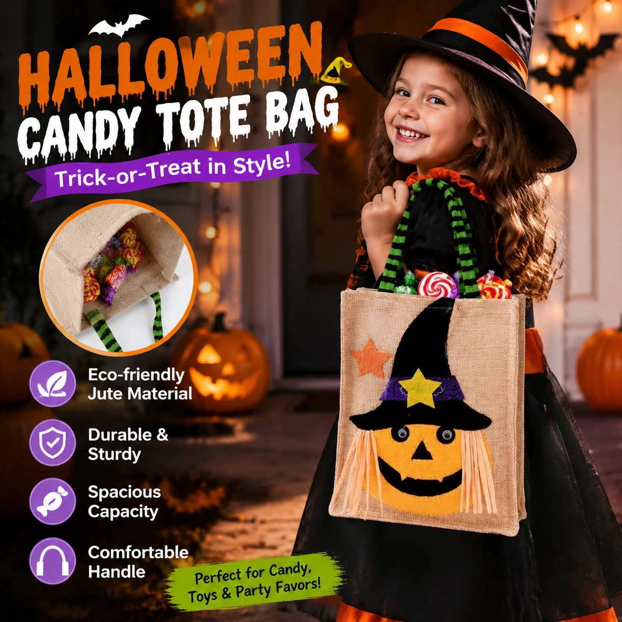 Halloween Non-woven Candy Tote Bag Pumpkin Witch Black Cat Skeleton Handbag Kids Trick Or Treat Gift Storage Bag Party Decor