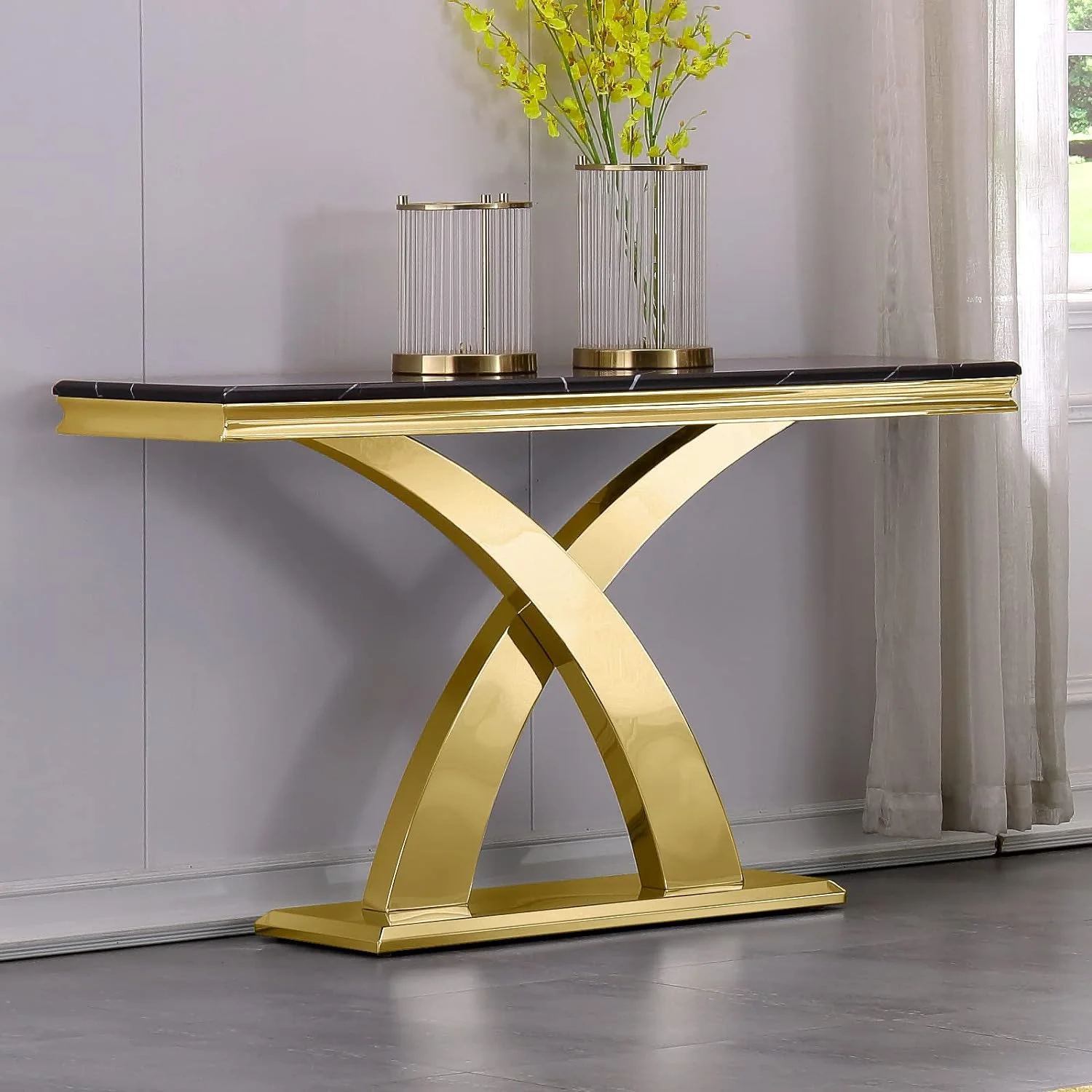 bc-Modern Rectangle Console Table Stainless Steel Base Polish Silver Finish Stable Entrance Hallway Table with X Base·