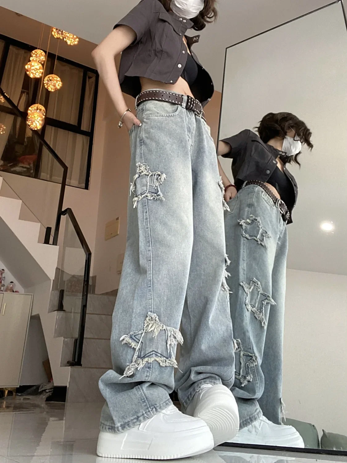 retro star jeans ins high waist slimming fringe embroidery straight leg wide leg pants trendy