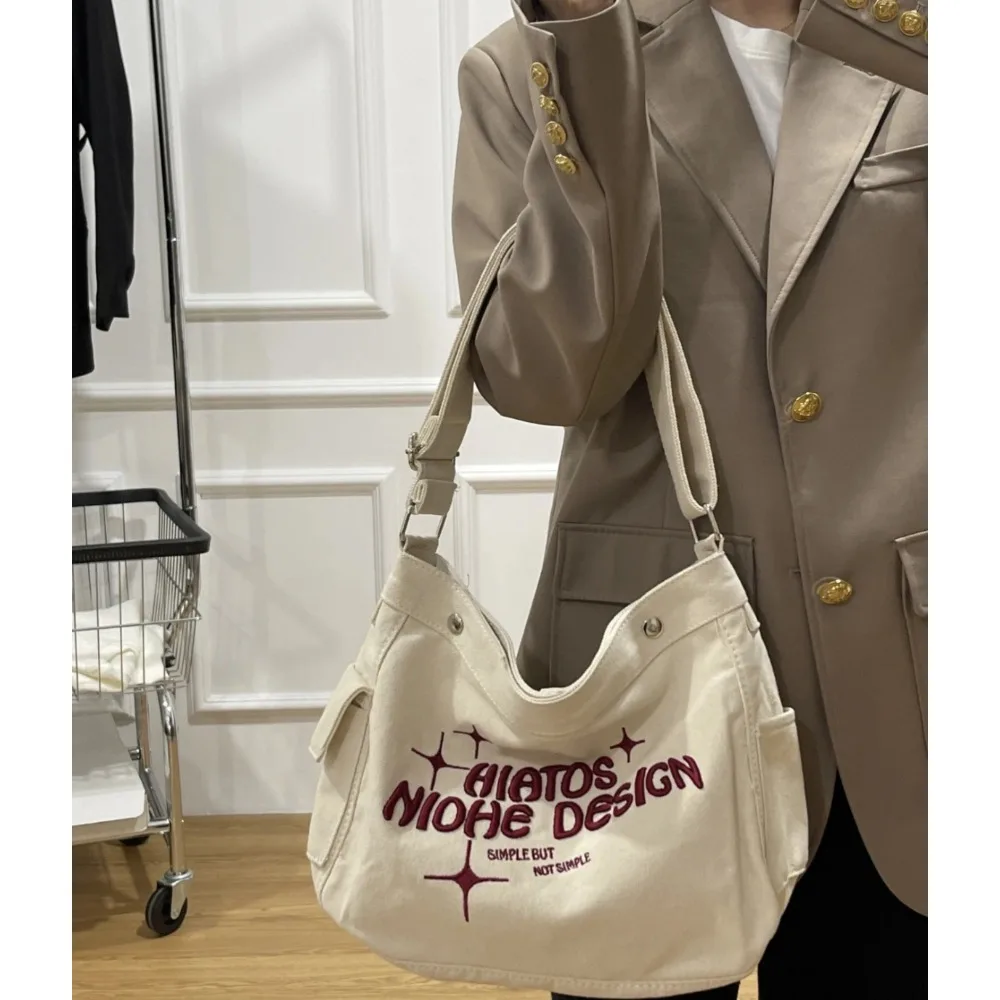 

2025 New Japanese-Style Minimalist Canvas Bag - Single-Shoulder Women's Bag - Embroidered Tote Bag BagLarge Homeless Bag