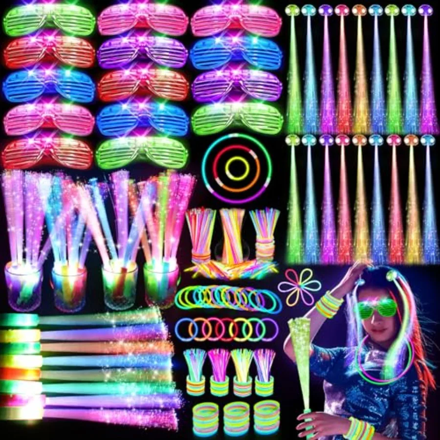 

148 PCS Glow in the Dark Party plies, 16 Fiber Optic Wands, 14 LED Glasses, 100 Glow Sticks and 18 LED Hair Clips Fiber Optic f