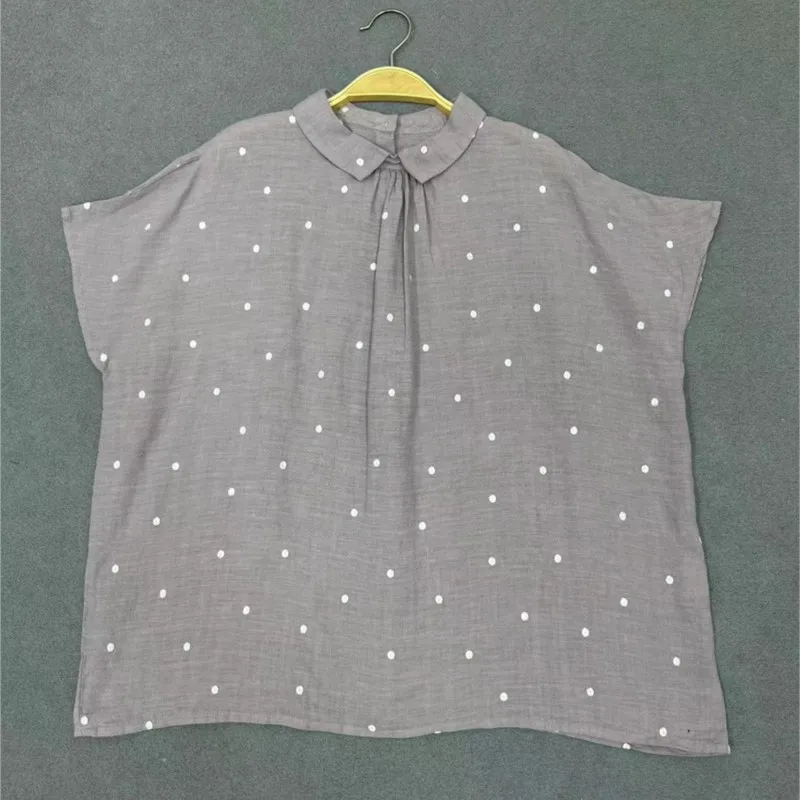 Johnature Summer 2024 New Linen Lapel Embroidery Small Polka Dot Short Sleeve Tops Women Loose Casual Women Shirts