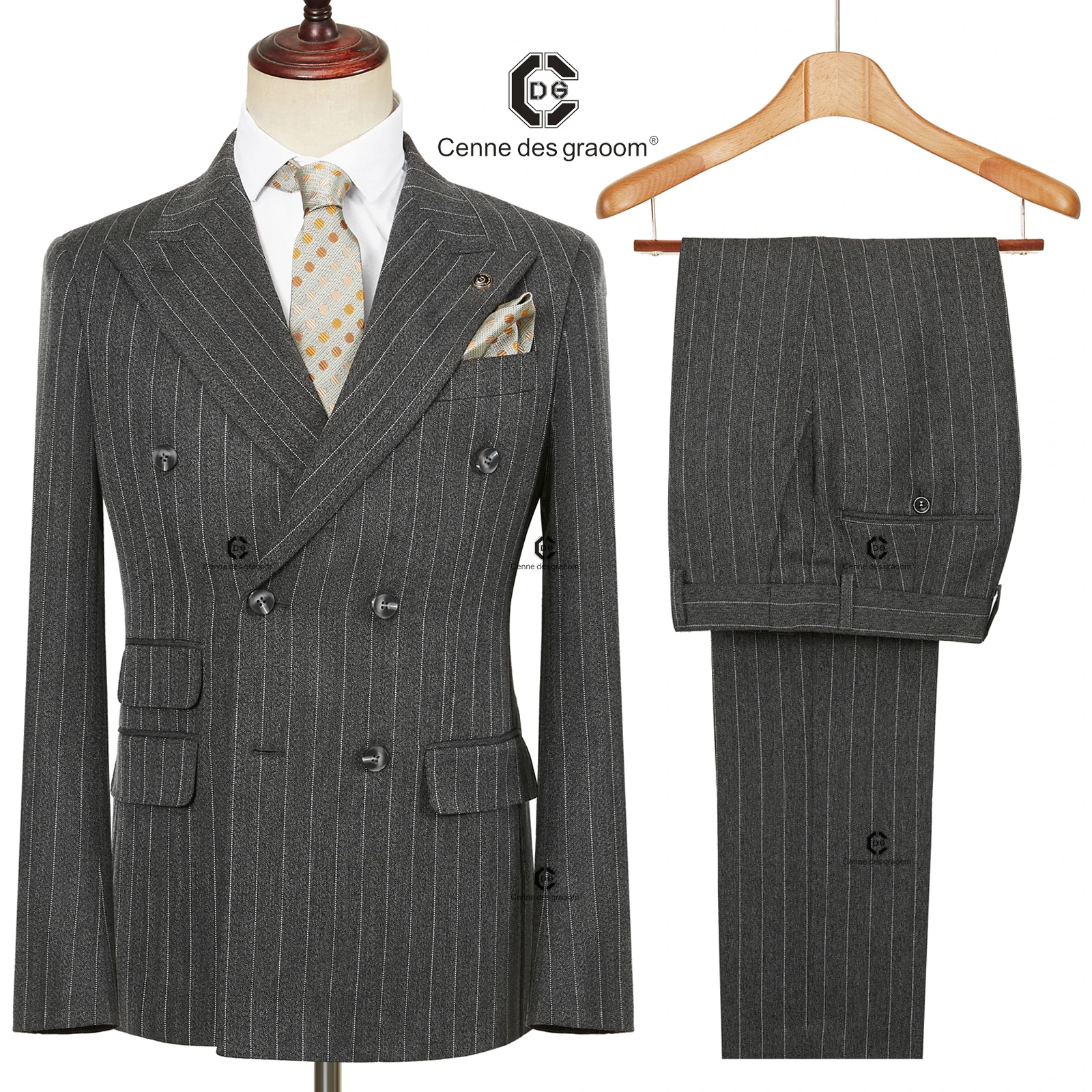 Cenne Des Graoom 2024 New Double-Breasted Stripe Suits for Men Slim Fit 2 Piece Set Blazer Pants Office Smart Casual Wedding