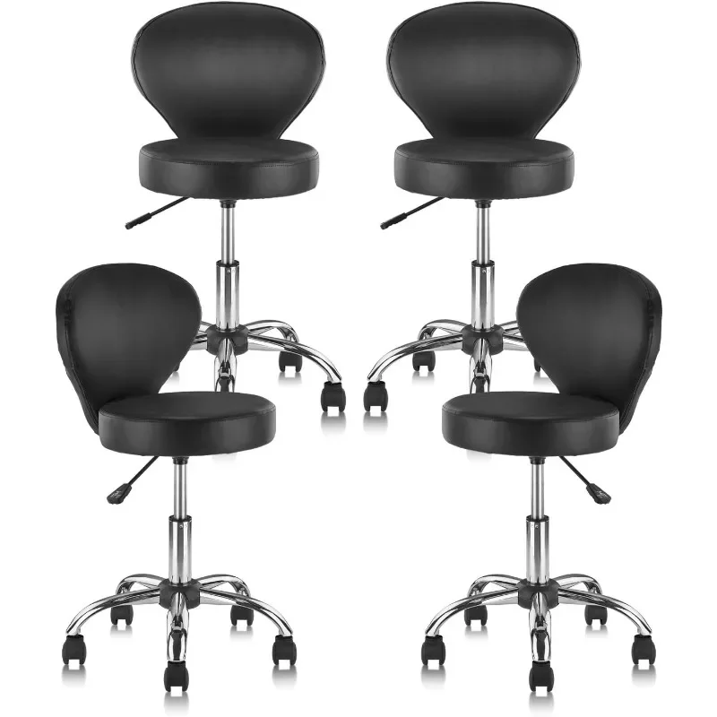 Set of 4 PVC Faux Leather Rolling Swivel Salon Stool Chair with Wheel Back Lumbar Support Seat Height