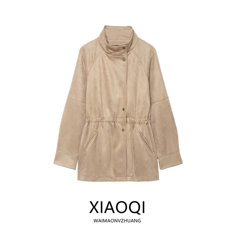 

Autumn 2025 Women's Faionable Loose High Collar Waist-Cinched Suede Mid-Length Jaet Versatile Commute Sle Long Sve Z...