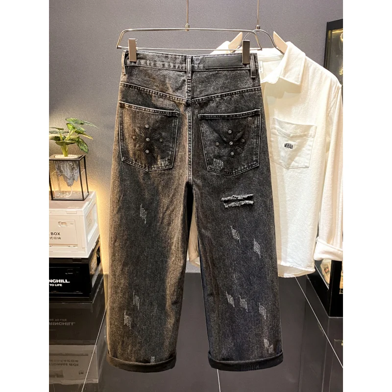 Loose straight leg ripped patch jeans men in autumn and winter 2025 new, stylish and stylish design, long pants