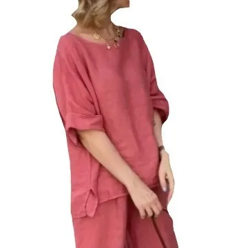 Women Elegant Cotton Linen Loose Pants Suit Casual Short Sleeves Round Neck Top 2-piece Set New Summer Lady fashion Outfits 2025