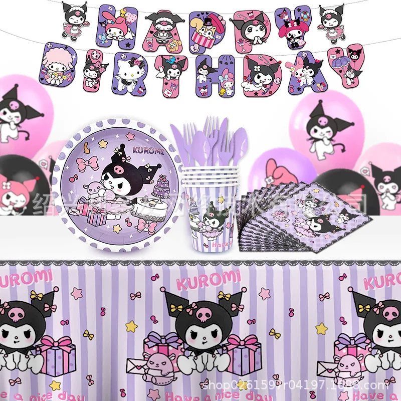 Cartoon Kuromi Digitaal wegwerpservies Tafelkleed Papieren bord Waterbeker Cartoon Verjaardag Decoratie Feestscène-indeling