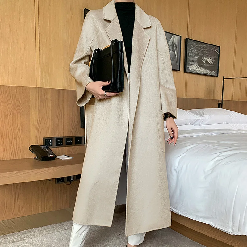 

Women Woolen Overcoat 2022 Autumn Autumn New Style Lace-up Long Coats Fashion Pocket Water Ripple Streets Overcoat Lady Clothes