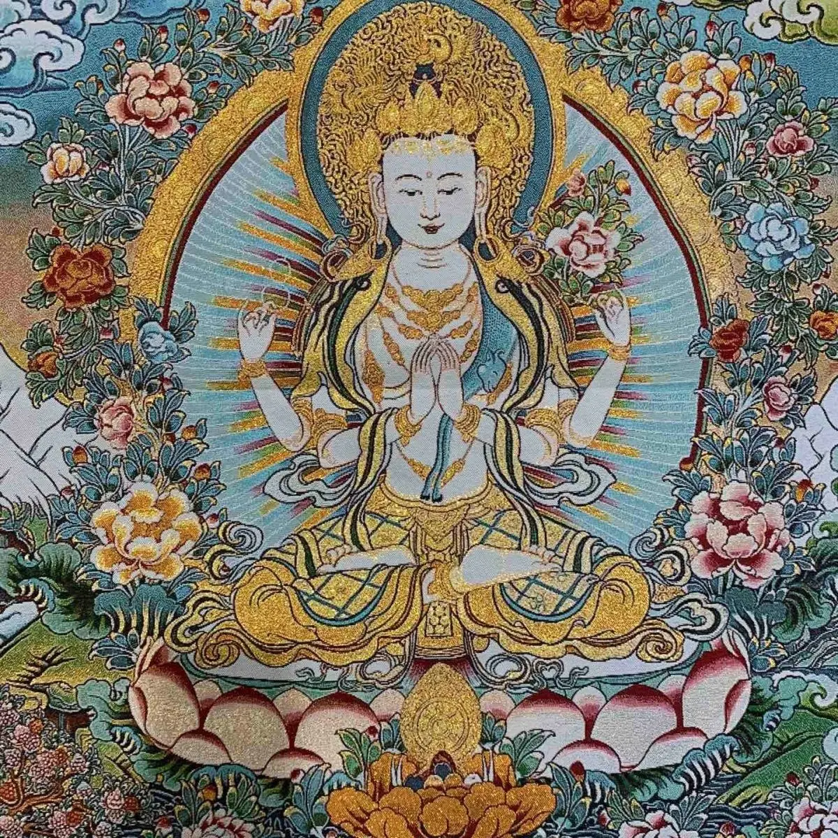 Buddhism supply Four-armed Avalokitesvara Bidhisattva Buddha Tangka Embroidery Decoration Hanging Painting