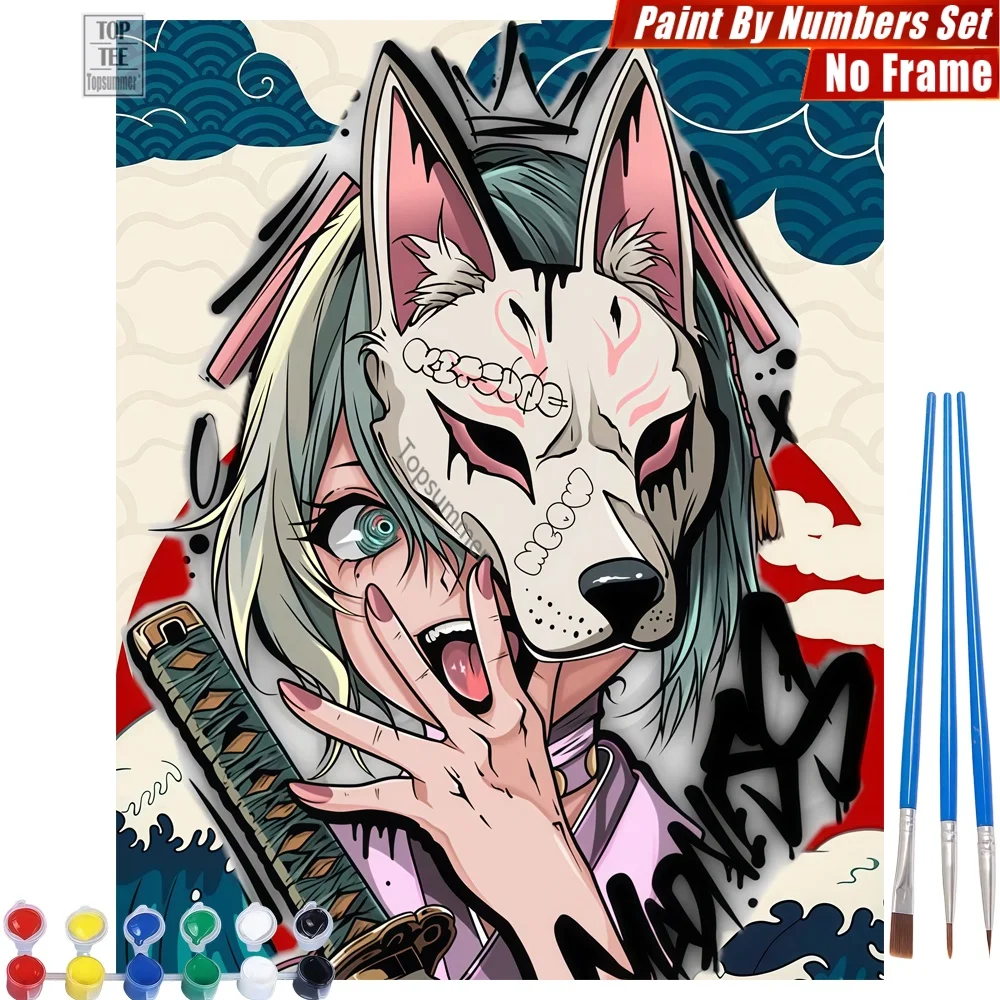 

Wolf Mask Woman DIY Digital Oil Painting Set - Woman Mask Katana Canvas Wall Art Gift For Teacher Gift For Teacher