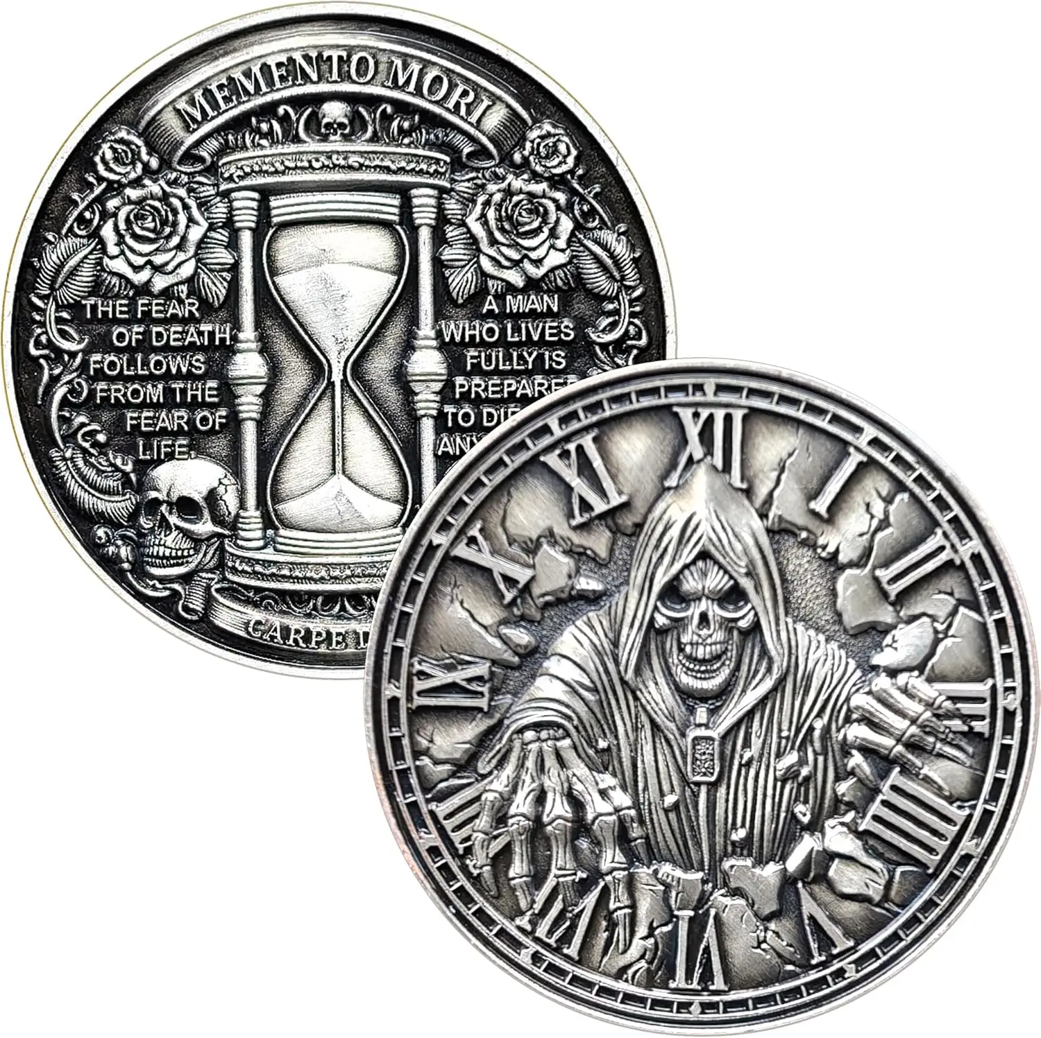 عملة تذكار موري تحدي - تصميم جمجمة وساعة رملية، كاربي ديم، أرقام رومانية، عملة تحفيزية لتذكير الحياة
