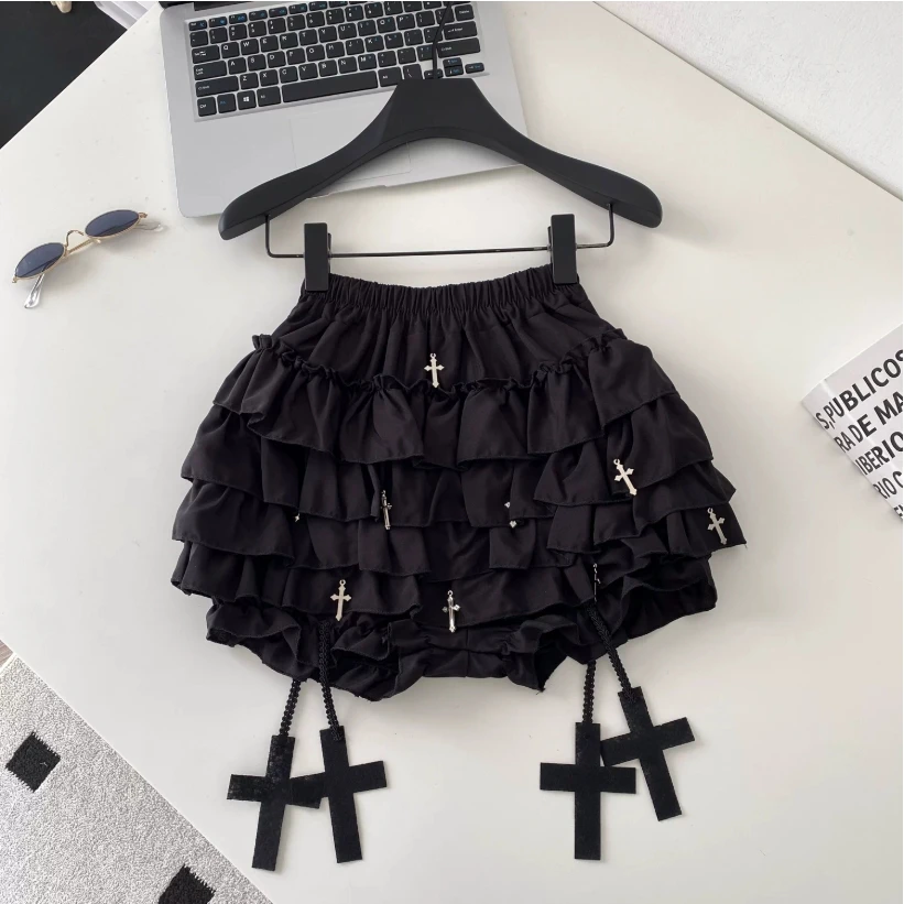 Black Cross-patterned Cake Skirt for Women High-waisted A-line Short Skirt Multi-layered Tulle Skirt Summer Style