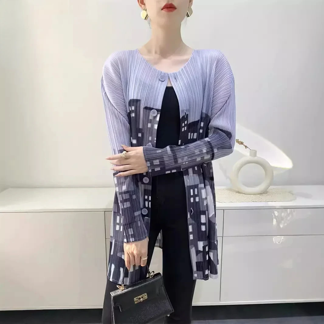 

ALSEY Pleated Women's Cardigan Women's Printed Shirt Medium Long Comfortable Casual Long Sleeve Tops 2024 Summer New