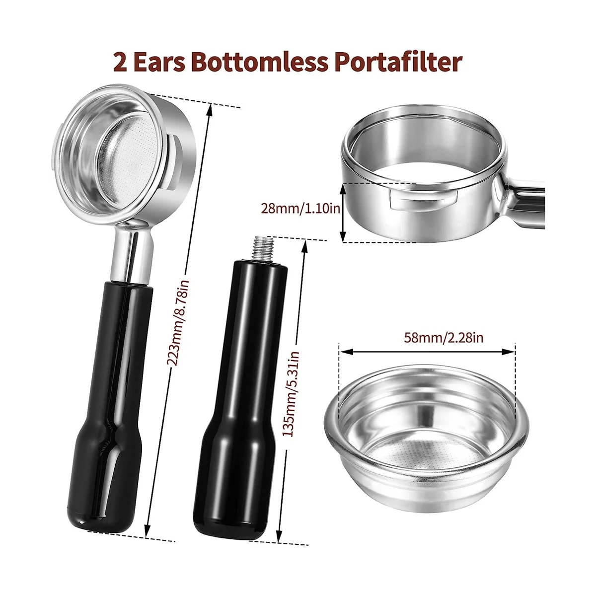 58mm Bottomless Portafilter 2 Ear Espresso Portafilter with Filter Basket for E61 Rocket, Faema, Rancilio Coffee Machine