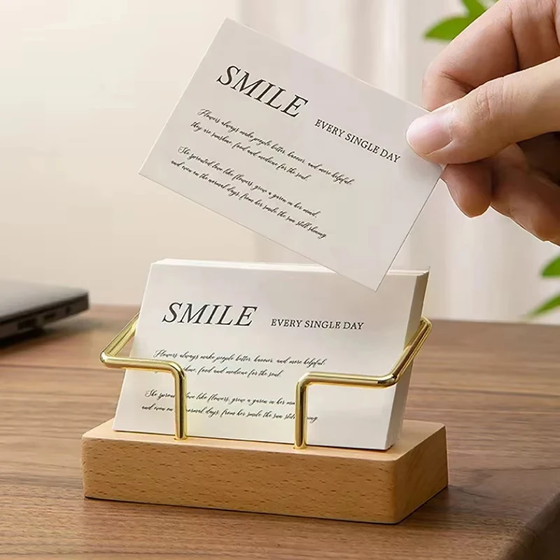 Wood Card Holder With Gold Metal Frame Stand For Office Desk Organizer Name Card Useful Desk Organizer For Home Office Kit Set