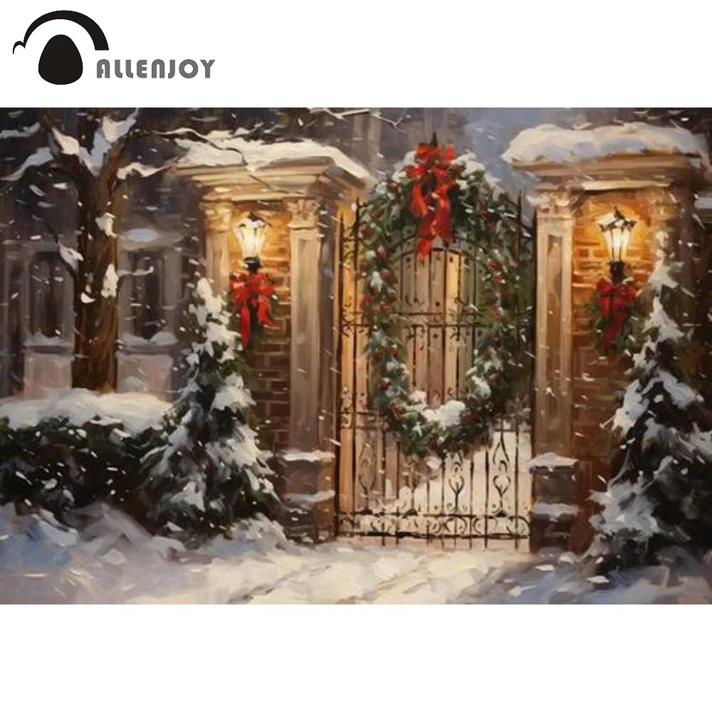 Allenjoy Snowy Christmas Gate Photography Backdrop Christmas Winter Scene Painting Photo Background