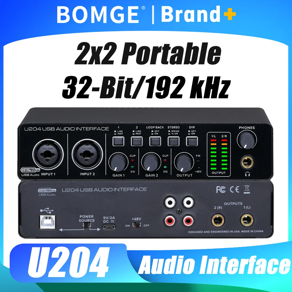 

BOMGE U204 USB 2x2 аудиоинтерфейс для гитары и компьютера, 32 бит/192 кГц, с фантомным питанием 48В, для вокалистов и продюсеров
