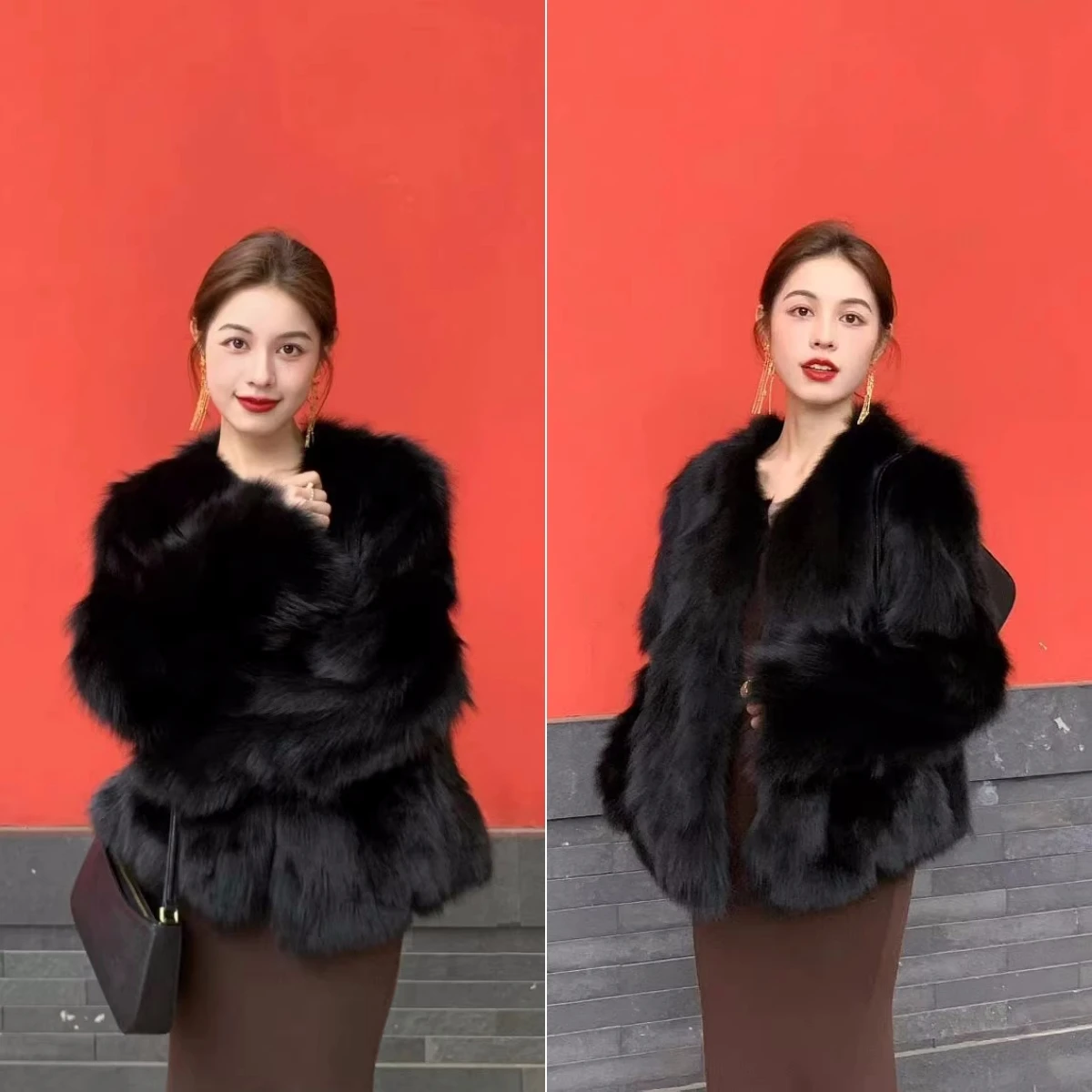 

Women Faux Fox Fur Coats Furry Outerwear Short Jackets V Neck Long Sleeves Straight Y2k Casual Office Lady 2025 Autumn Winter