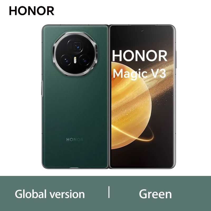 Wereldwijde versie van de Honor Magic V3, met Snapdragon 8 Gen 3-processor, 5150 mAh-batterij, 66W-snellader, 7,92 inch OLED-scherm, 12 GB RAM, 512 GB opslag, NFC en een 50 MP-camera met een