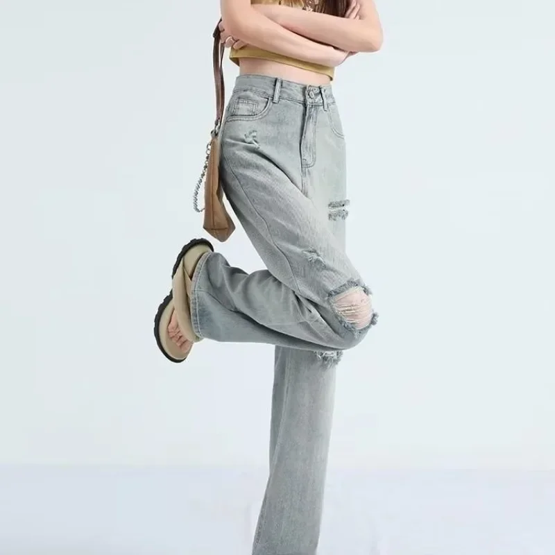 Pop Pop Retro Jeansy damskie z szerokimi nogawkami i wysokim stanem na lato Nowe luźne spodnie w dużych rozmiarach Mała figurka Długie spodnie Prosty krój z dziurami