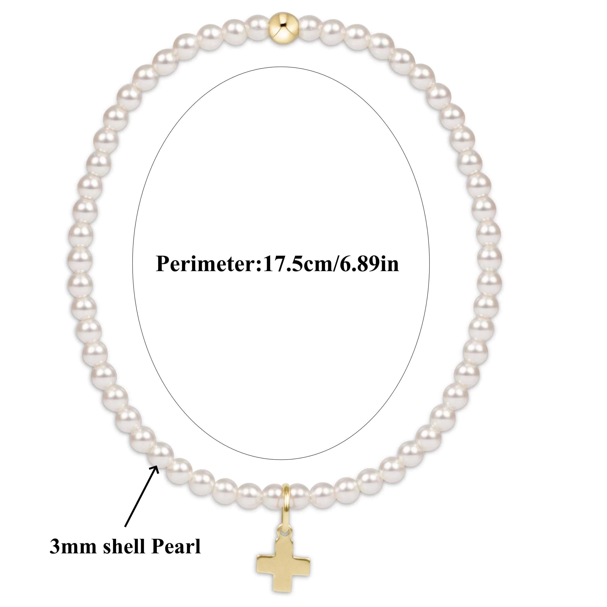 Vlen Shell Pearl Kreuz-Charm-Armband für Damen, 18K vergoldete Perlen, geschichtetes, dehnbares, zartes Pulseras Mujer Schmuckgeschenk – Detail 3