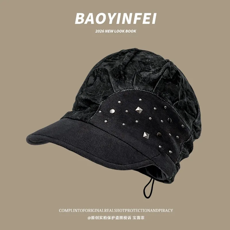 Japanese Rivet Spliced ​​short Brim Peaked Hat Spring and Autumn Fashionable Cold Hat Big Head Sunshade Warm Newsboy Caps