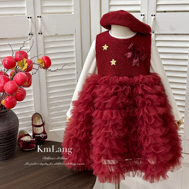 

Girls' Fleece-Lined Set2025Winter New Red Sequin Puffy Dress First Birthday Outfit New Year Dress Skirt