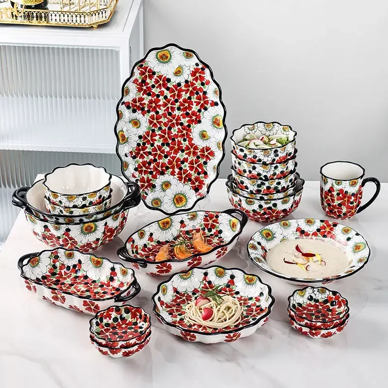 Creative Printing Ceramic Tableware Breakfast Bowl Home Kitchen Dinner Set Plates and Dishes Restaurant Tray Christmas Items