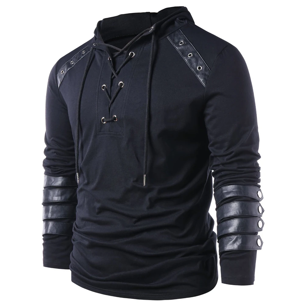 Adult Men Gothic Steampunk Fancy Medieval T-shirt Sweatshirt Lace Up Long Sleeve Pullover Hooded Tee Halloween Shirts Tops