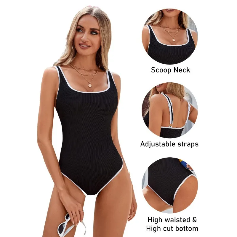Women's Sleeveless Color Block Ribbed Tankini Swimsuit for Swimming Running – Trendy Tankini Woman Beachwear Tankinis Dames