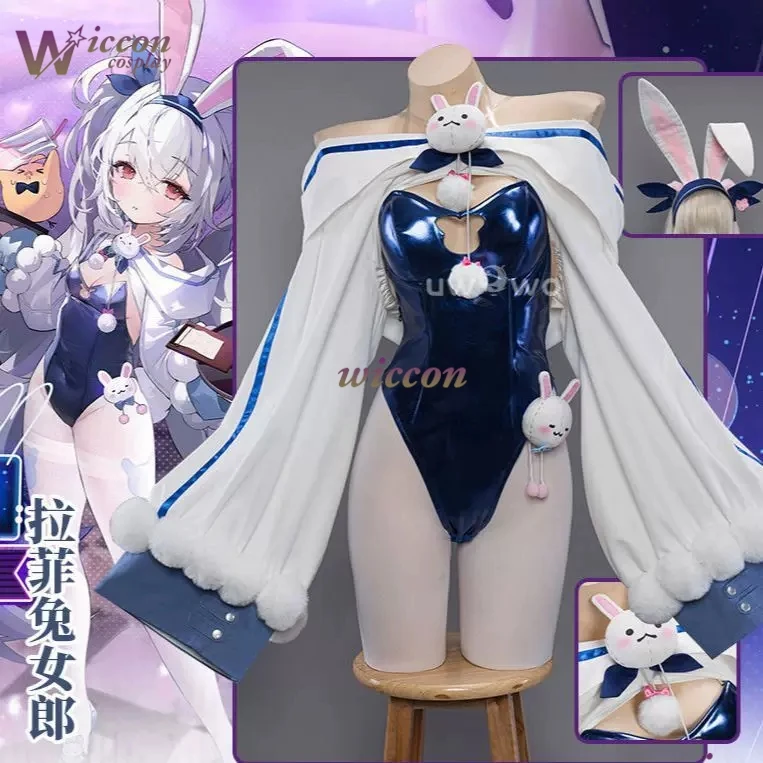 WonkaCos Anime Azur Lane Cosplay Laffey Costume Blue Fashion Bunny Bodysuit Rabbit Jumpsuit Kawaii Furry Earwear Wig Halloween