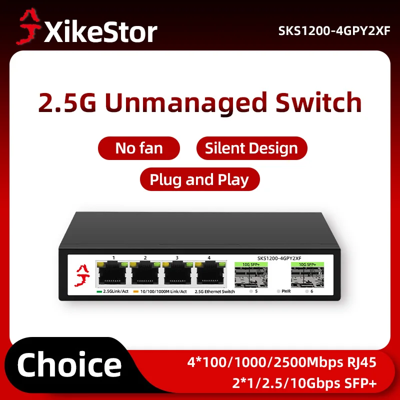 

XikerStor 6 Port 2.5G Unmanaged Fanless Switch with 4 100/1000/2500Mbps RJ45 Ports & 2 10Gbps SFP+ Slots Plug Play VLAN Division