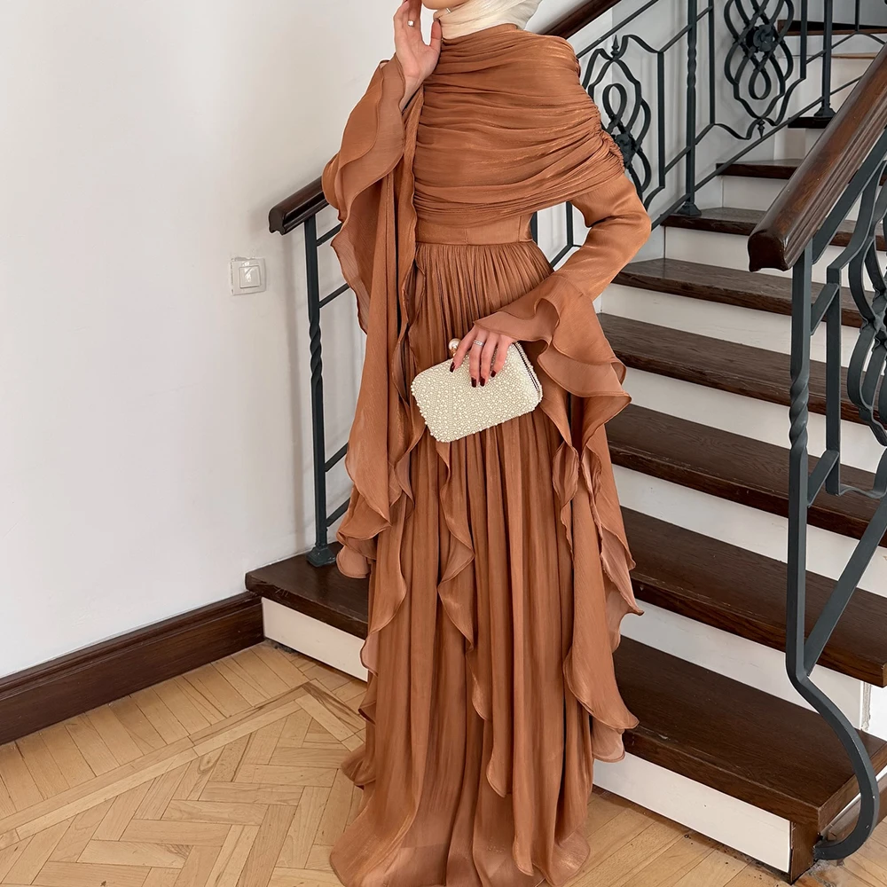 

Вечерние платья трапециевидной формы по индивидуальному заказу, длиной до пола, с высоким воротником и длинными рукавами, платье для выпускного вечера Fsahion, простое драпированное повседневное вечернее платье