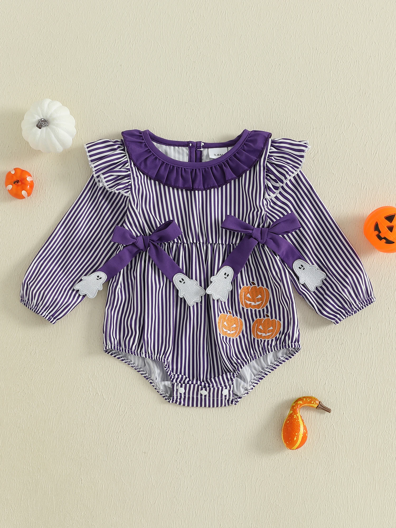 

Infant Halloween Costume with Pumpkin Print and Ruffle Detail Long Sleeve Romper for Newborn Baby Girl Fall Outfit