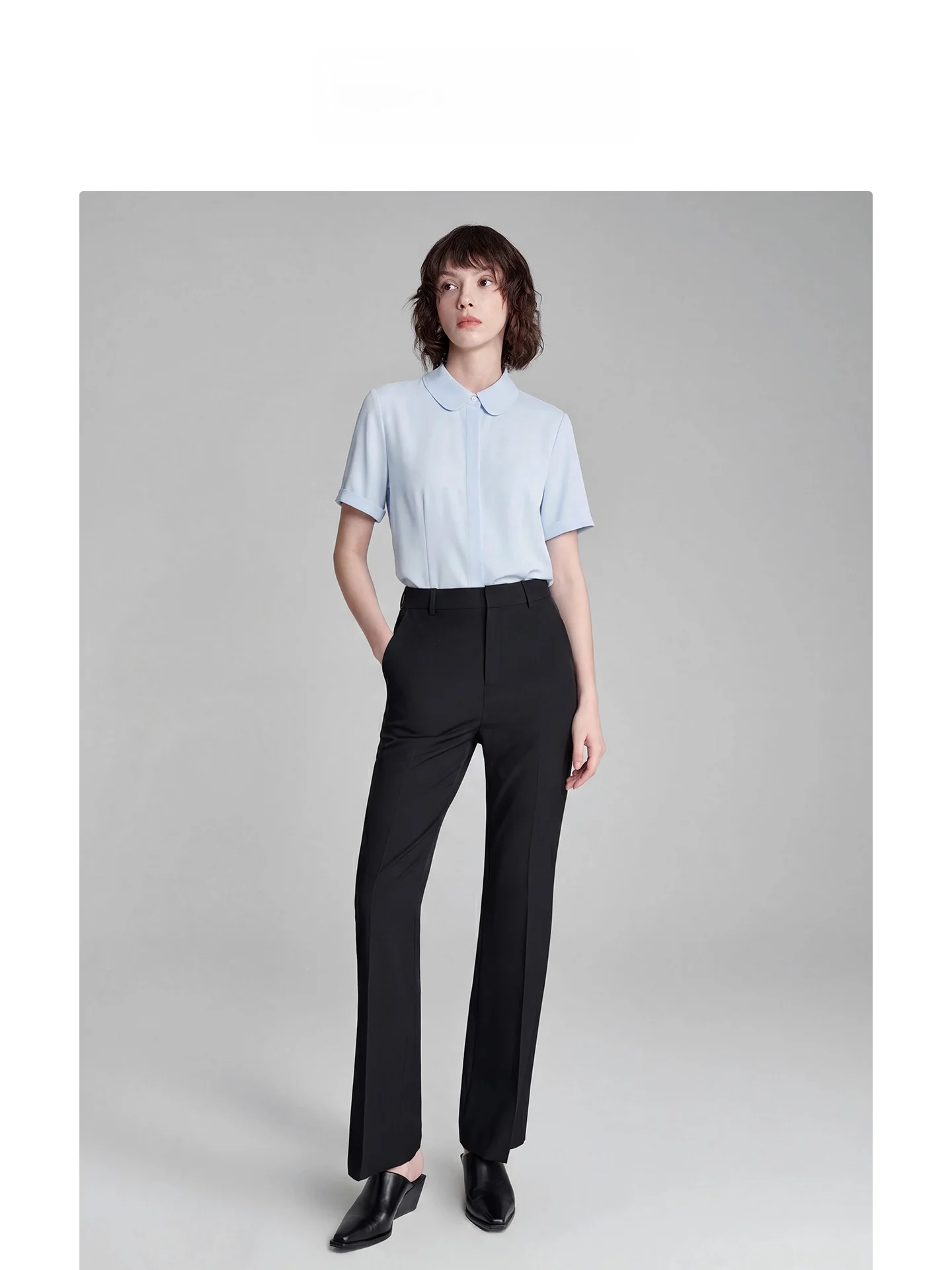 

Blue Short Sleeve Shirt round Neck Hidden Button Design for Women Professional Interview Inner System White Collar Career Suit