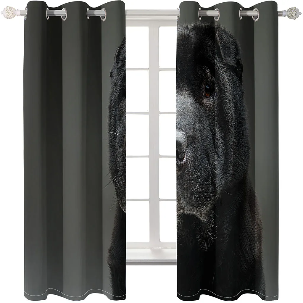 2pc black blackout curtains dog Print Curtain Rod Pocket Mount, Digital Printed Curtains For Living Room Kitchen Bedroom