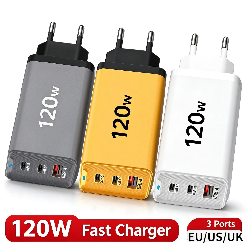 120W 3 Ports USB Type C Fast Charging Charger Travel Power Adapter Phone Charger Plug for iPhone Samsung Xiaomi 17 Huawei Phone