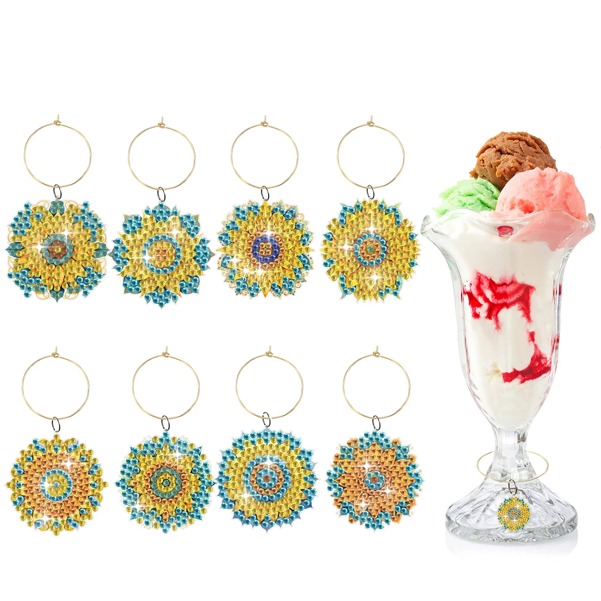 Abalorio colgante de 8 piezas, pintura de diamante artesanal, marcador de bebida de copa de vino, fiesta, Festival, Mandala, acrílico, doble cara