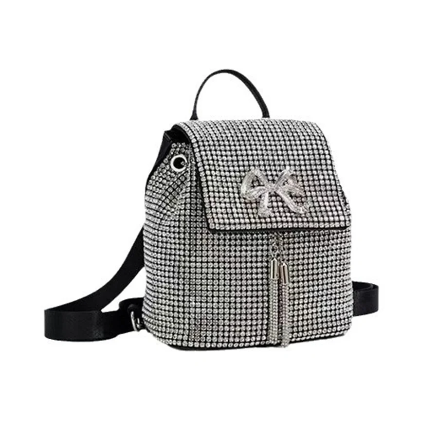 Luxury Rhinestone Bow Fringe Backpack Solid Color School Bag Cute Large Capacity Mochilas Mujer New Women Drawstring Bagpack Sac