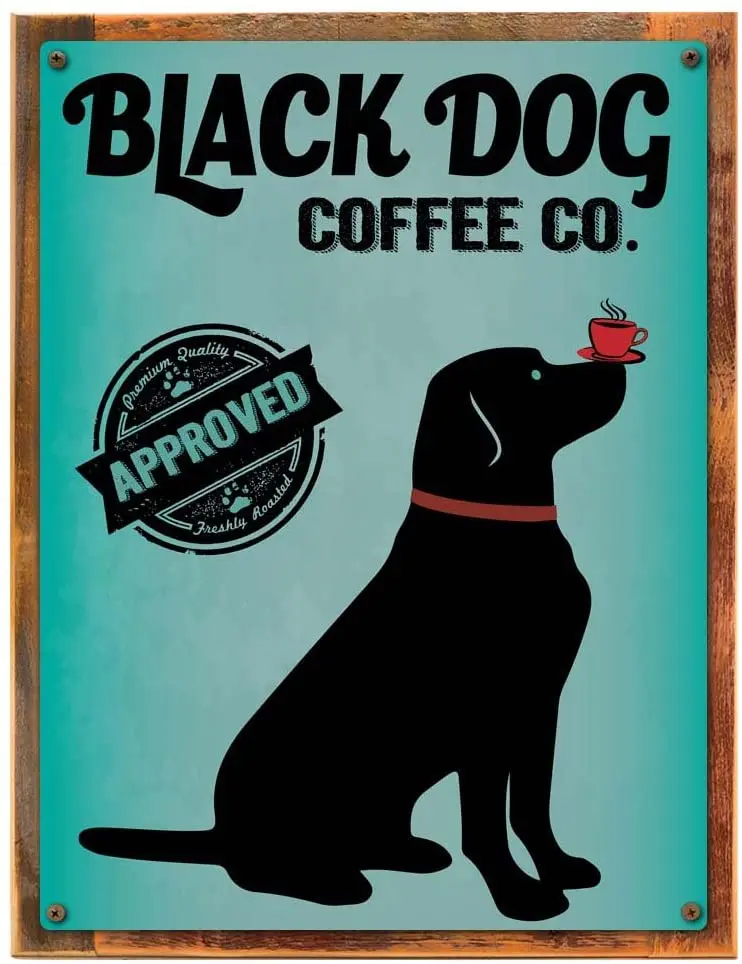 OMSC Wood-Framed Black Dog Coffee Company Metal Sign, Kitchen, Café, Home Décor, Labrador on Reclaimed, Rustic Wood sign
