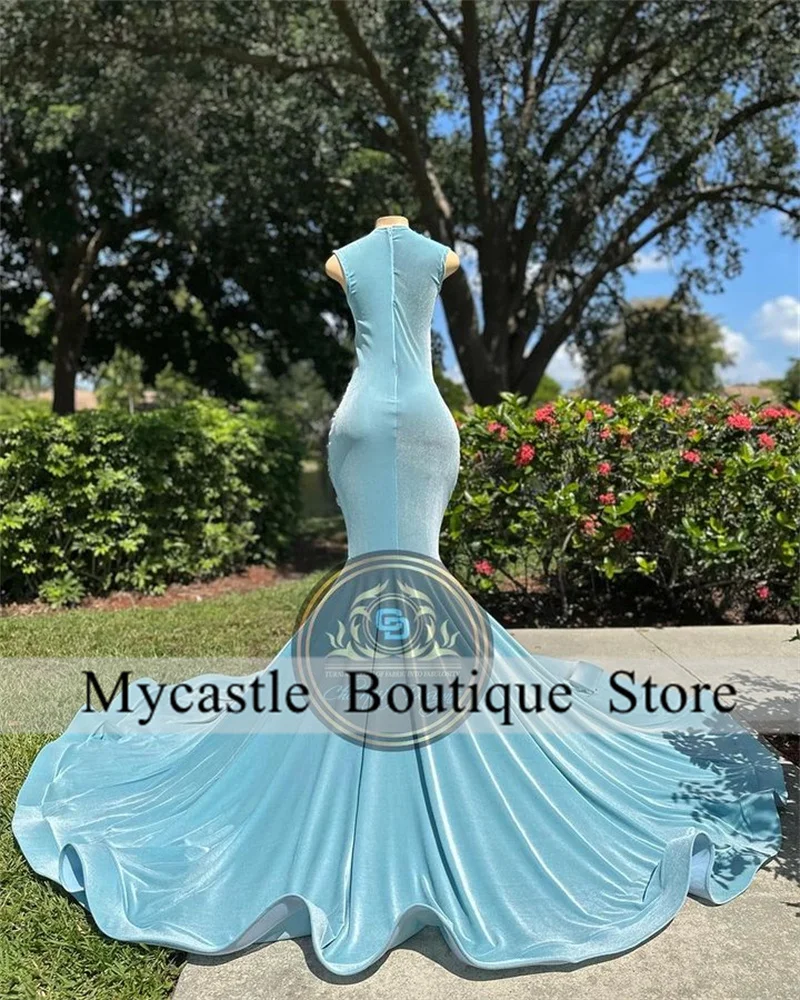 Light Blue Long Mermaid Prom Dress For Black Girls 2025 Elegant Wedding Party Gown Beaded Appliques Evening Dresses Customized