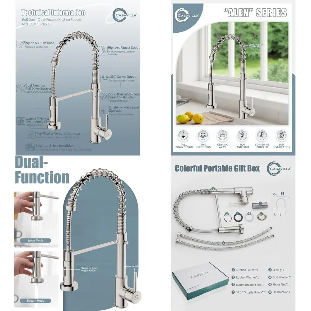 Pull-Down Spray Single Handle Brushed Nickel Stainless Steel Commercial Kitchen Faucet