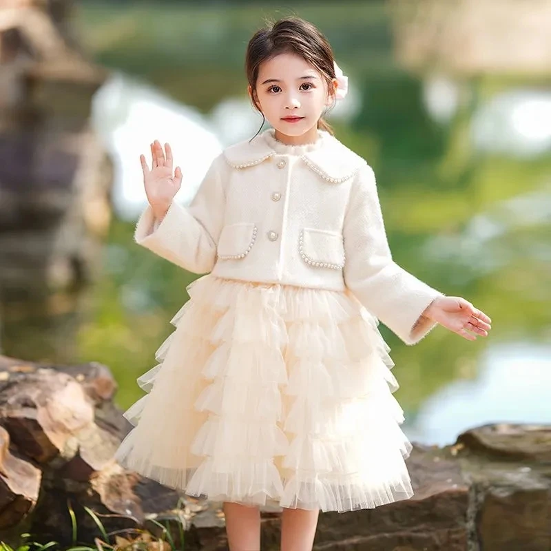 Winter Girls Velvet Clothing Sets Toddler Kids Short Jackets Coat + Long Sleeve Dresses for Girls High Quality Warm Outfits 4-14