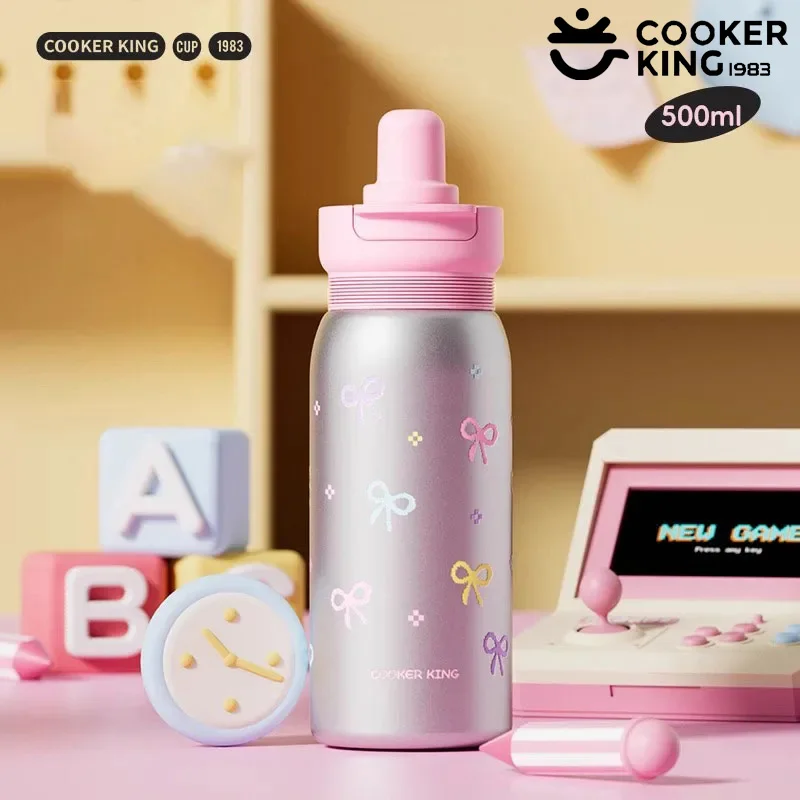 COOKER KING 500 ml Cartoon-Thermosbecher, Strohhalm, isolierte Wasserflasche, Edelstahl, Kaffeetasse, auslaufsichere Isolierflasche für Mädchen