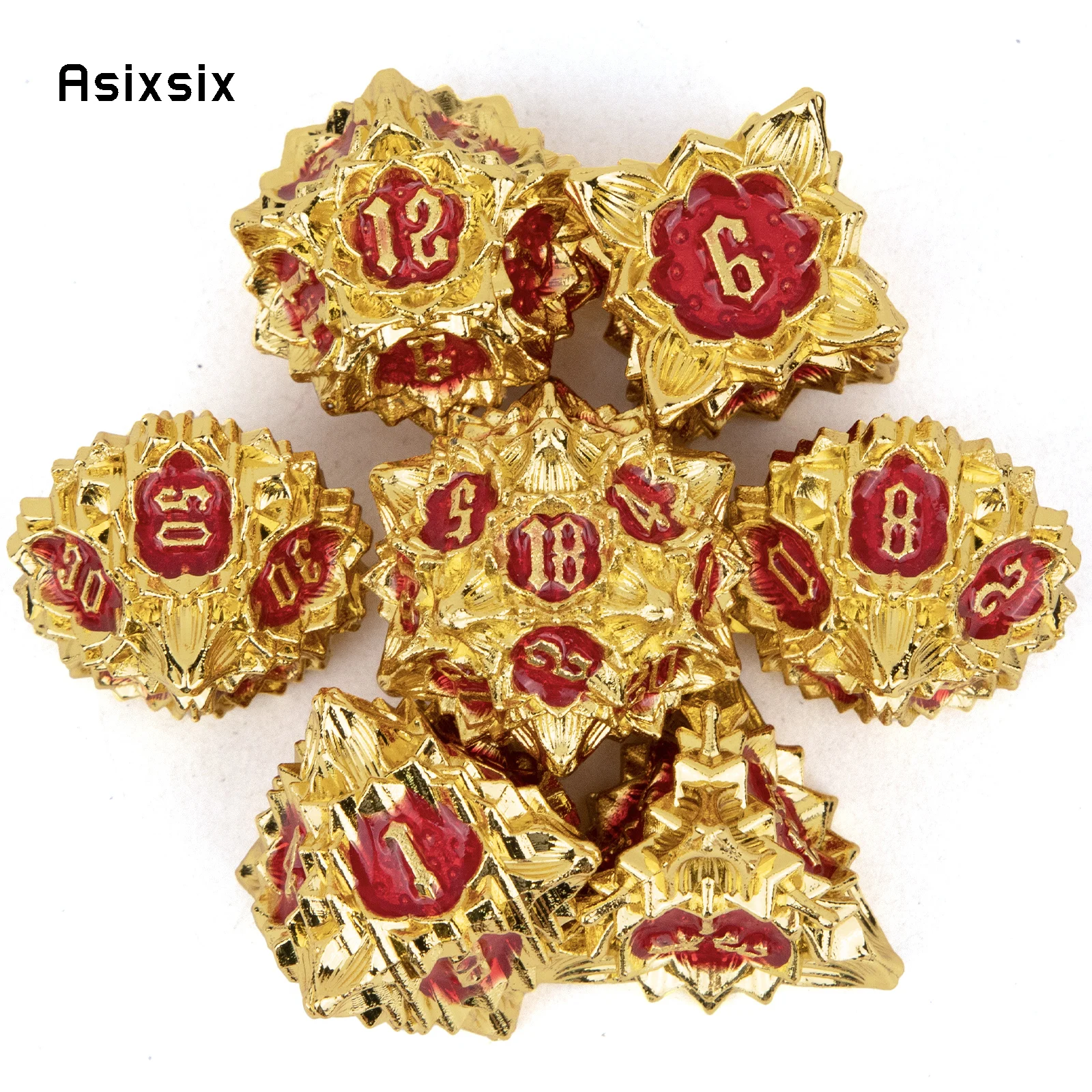 7 Pcs Golden Red Lotus Flower  Metal Dice Solid Metal Polyhedral Dice Set Suitable for Role-Playing RPG  Board Game Card Game