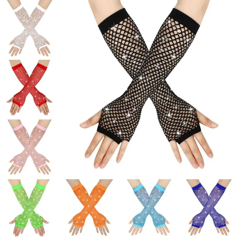 

Rhinestone Shiny Elastic Mesh Long Gloves Women Sexy Rock Night Club Fishnet Fingerless Glitter Gloves for Dance Sleeve Covers