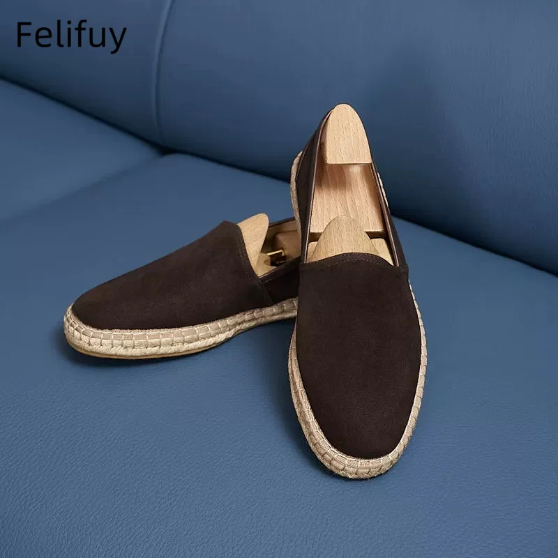 New Fashion linen Grass Woven Summer Flats Cow Suede Loafer Shoes Slip On Men Lazy Shoes Fishman Shoes Men's Flats Casual Shoes